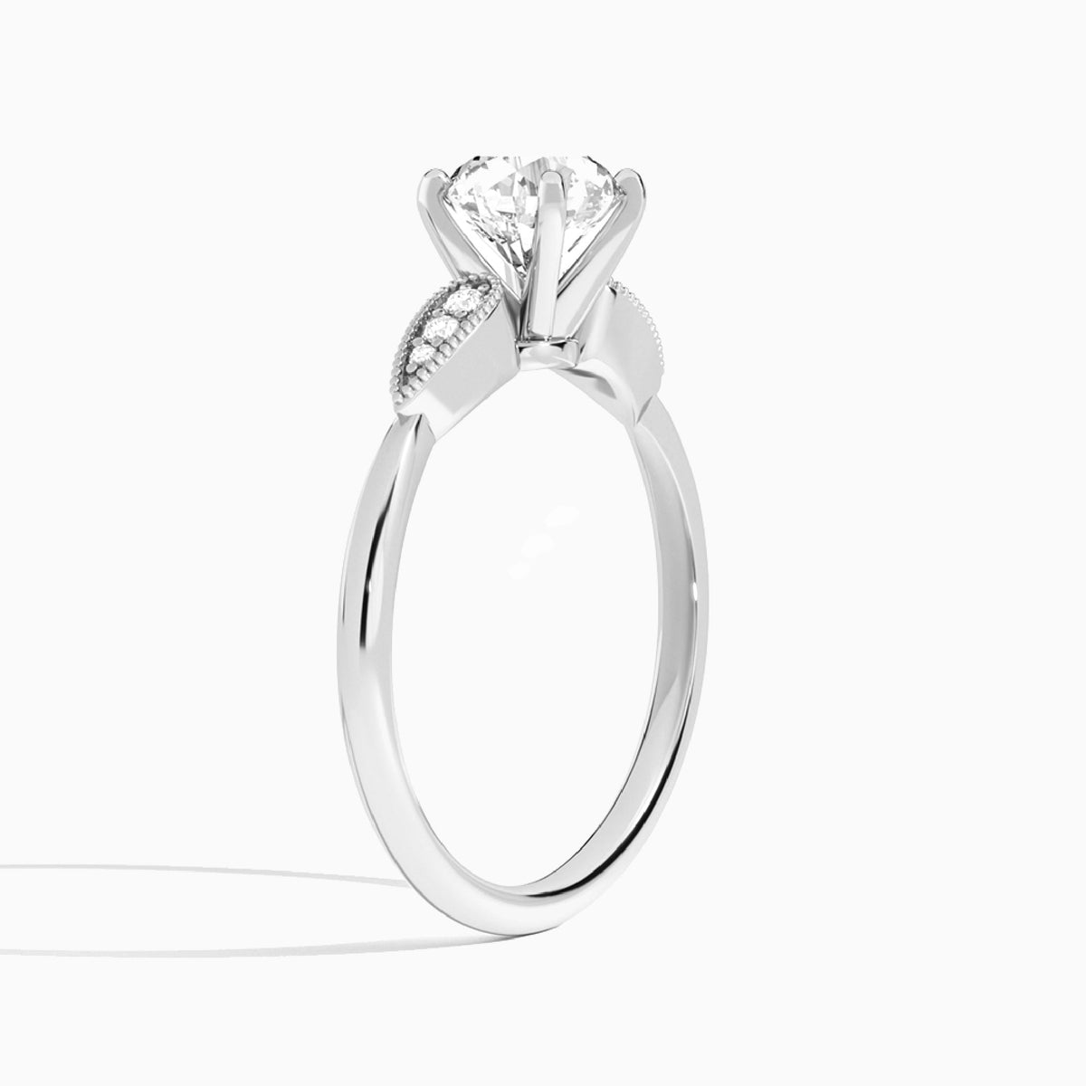 Round Perfect Fit Six Side Stone Lab Diamond Engagement Ring In 18K White Gold, Angle View