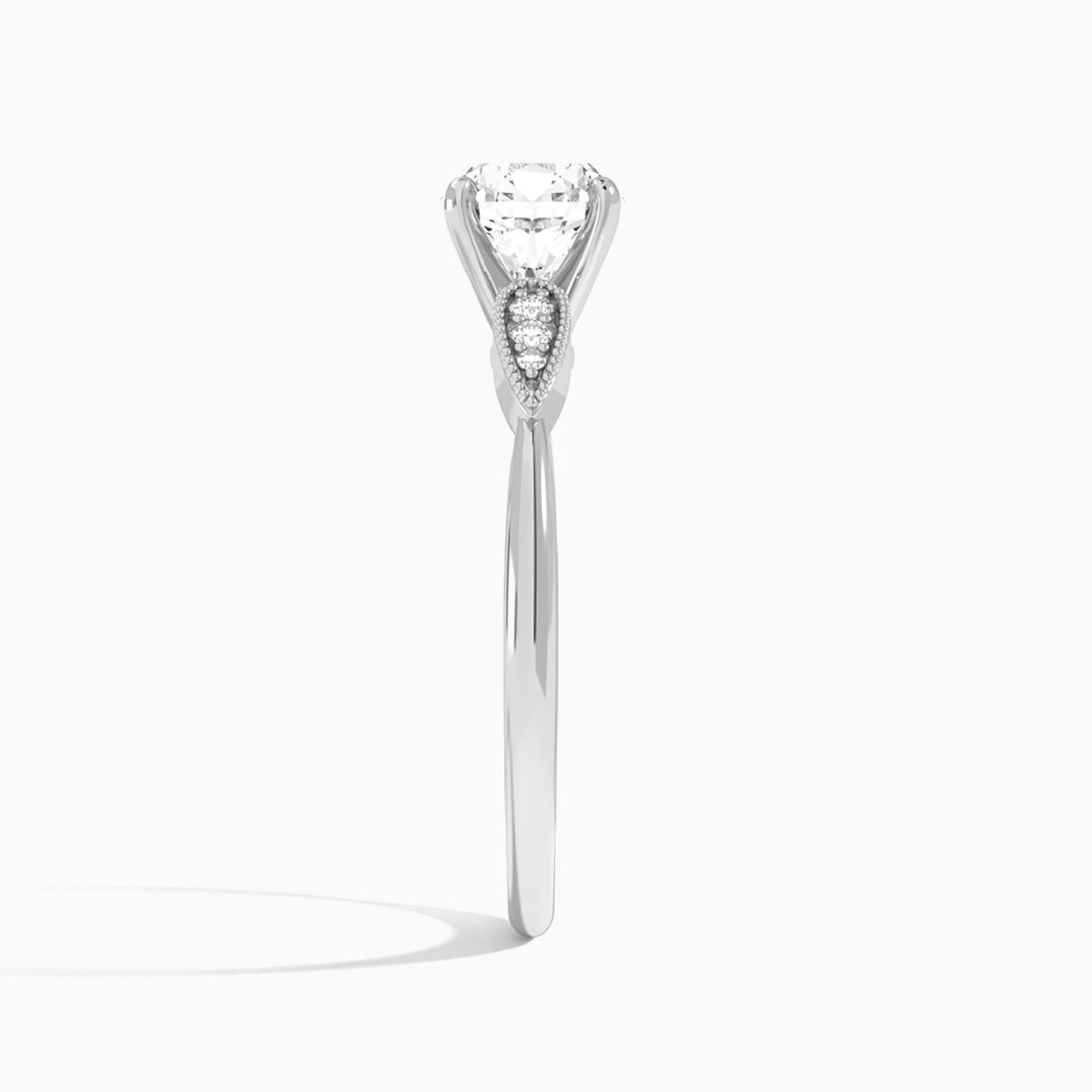 Round Perfect Fit Six Side Stone Lab Diamond Engagement Ring In 14K White Gold, Side View