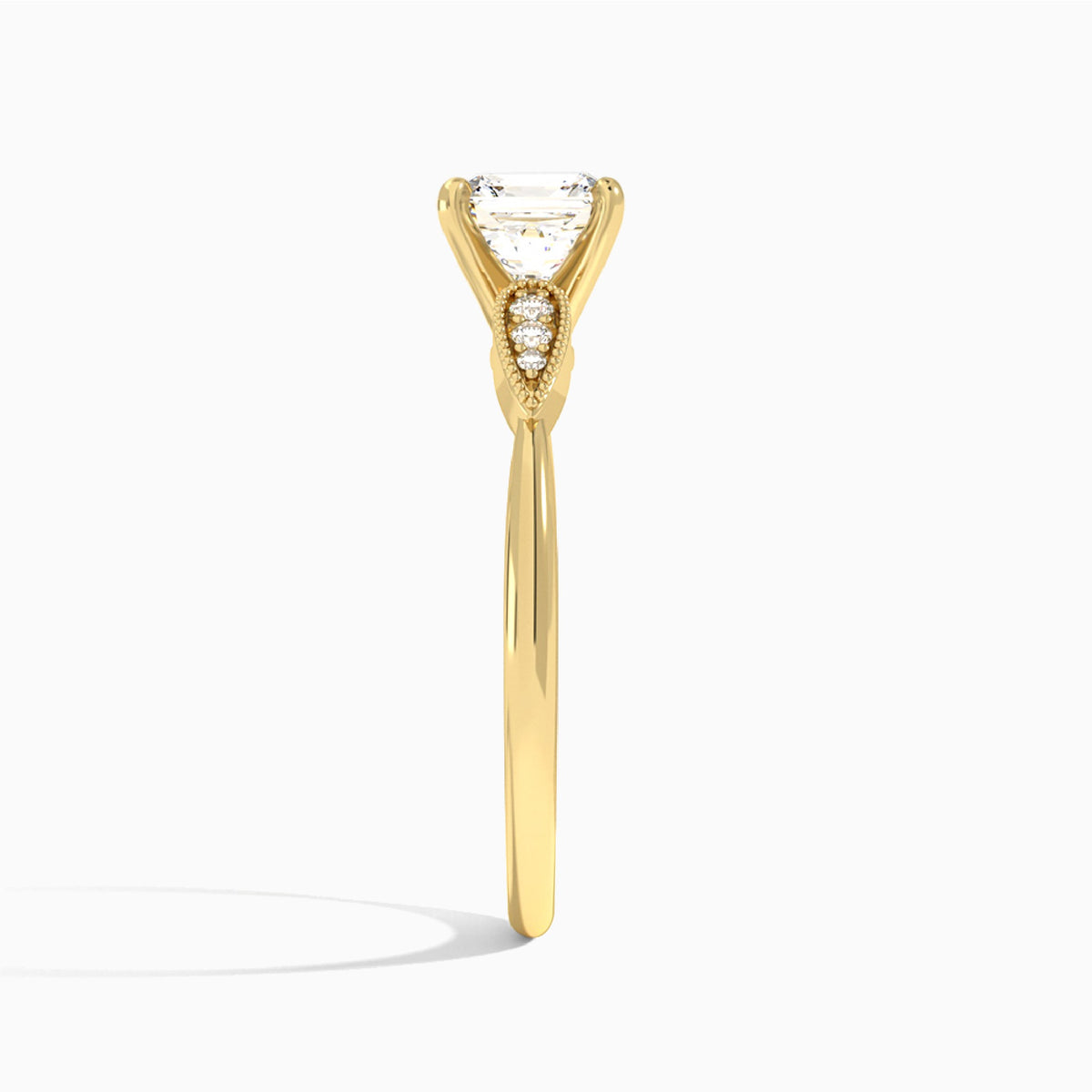 Asscher Perfect Fit Six Side Stone Lab Diamond Engagement Ring In 18K Yellow Gold, Side View