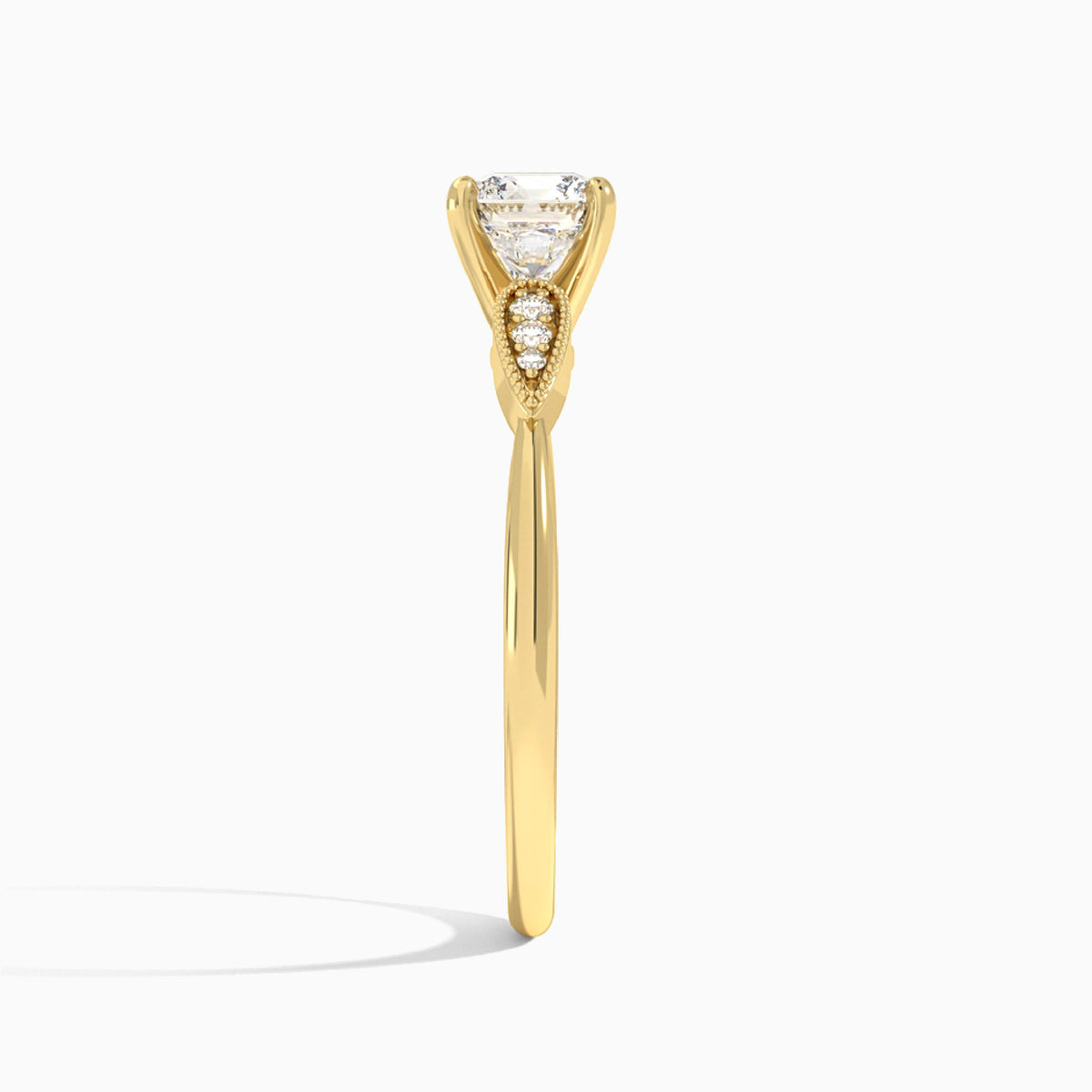 Cushion Perfect Fit Six Side Stone Lab Diamond Engagement Ring In 18K Yellow Gold, Side View