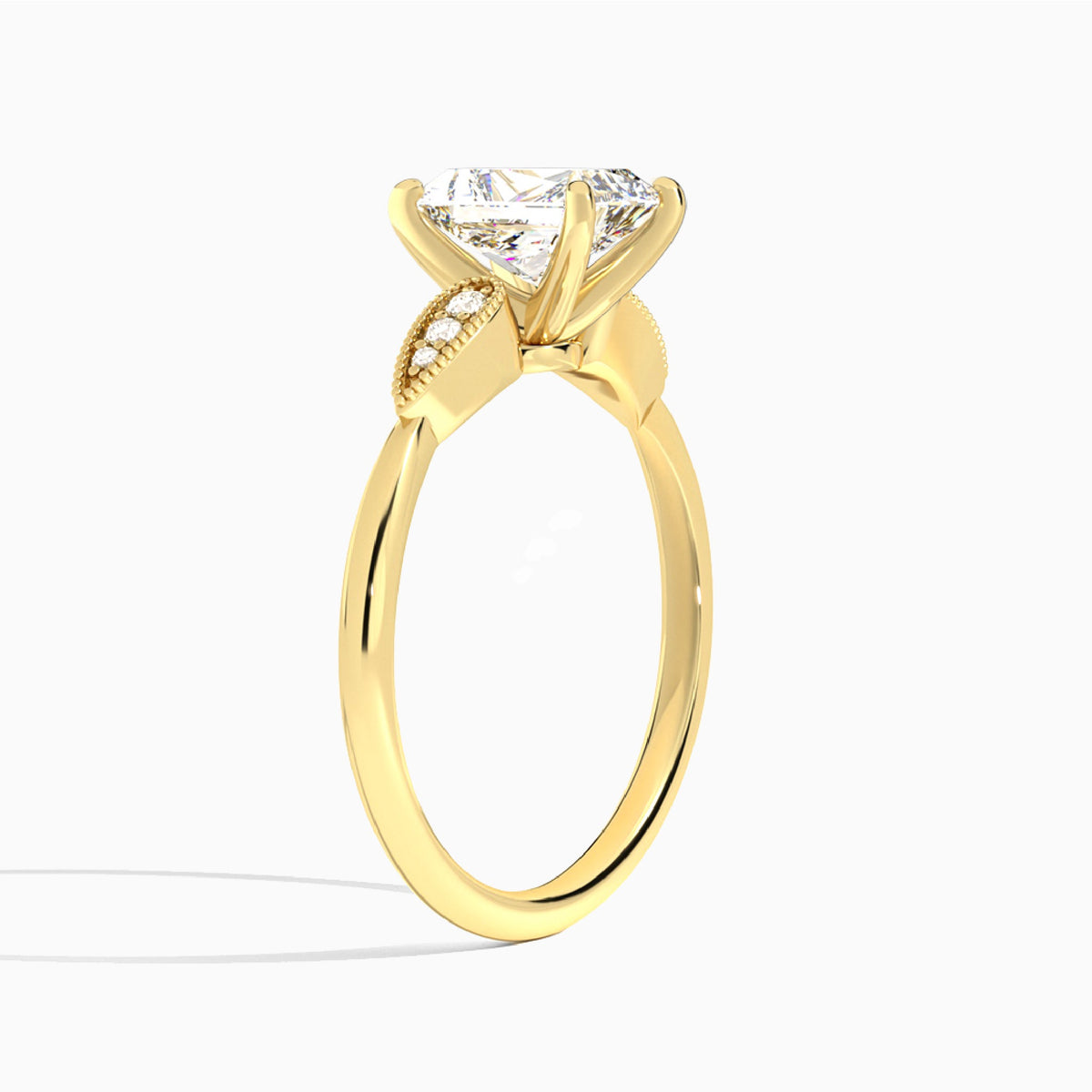 Radiant Perfect Fit Six Side Stone Lab Diamond Engagement Ring In 18K Yellow Gold, Angle View