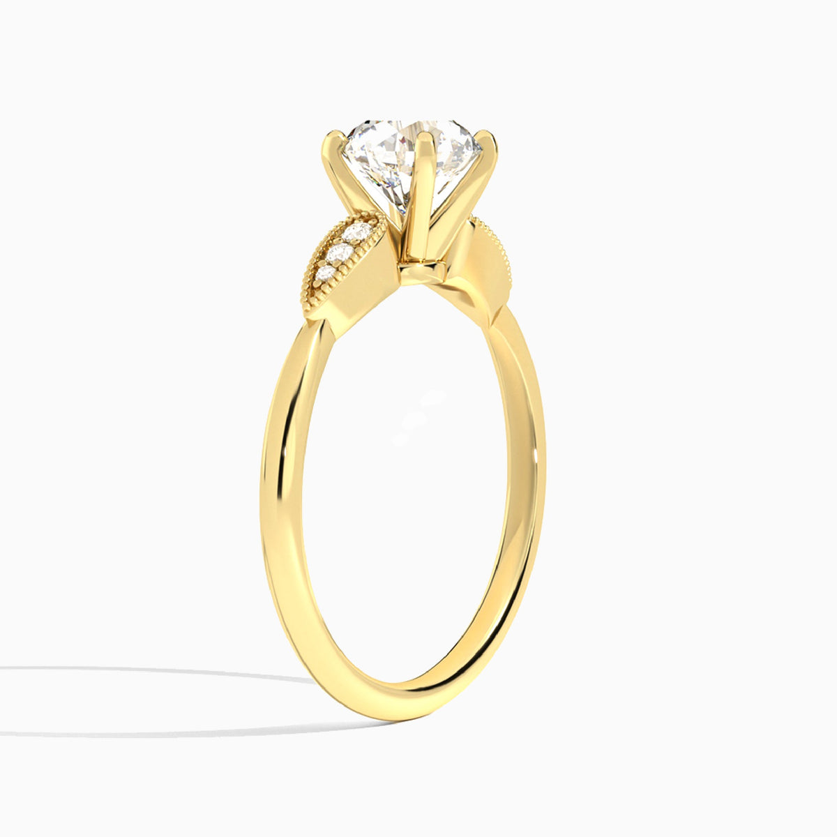 Round Perfect Fit Six Side Stone Lab Diamond Engagement Ring In 18K Yellow Gold, Angle View