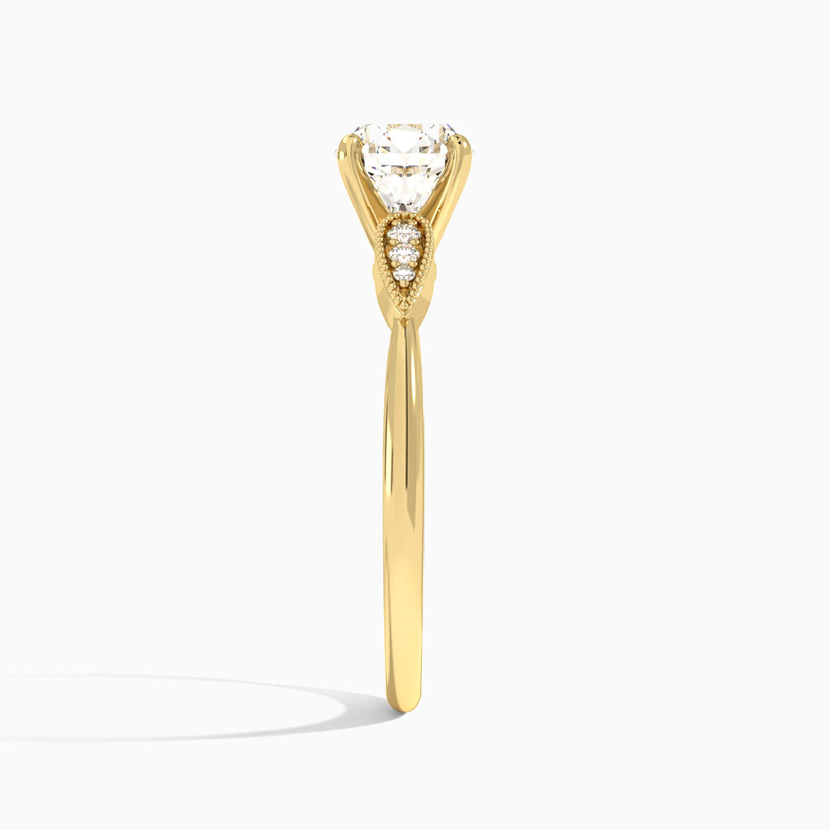 Round Perfect Fit Six Side Stone Lab Diamond Engagement Ring In 14K Yellow Gold, Side View