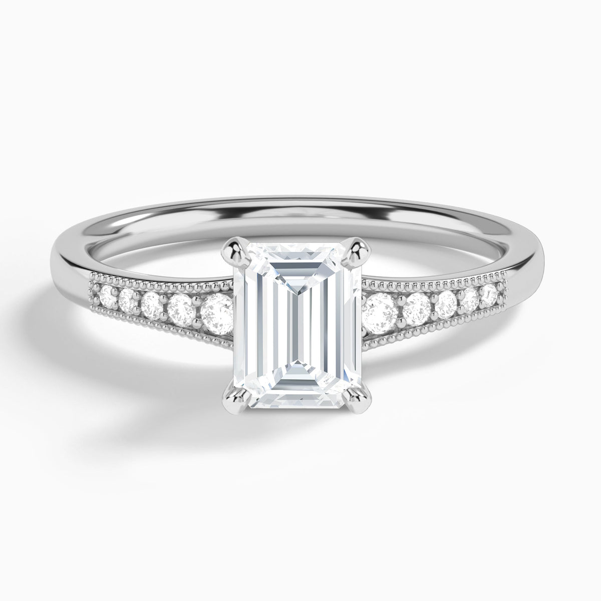 Emerald Starla Milgrain Lab Diamond Engagement Ring In 18K White Gold - Lucenjuri
