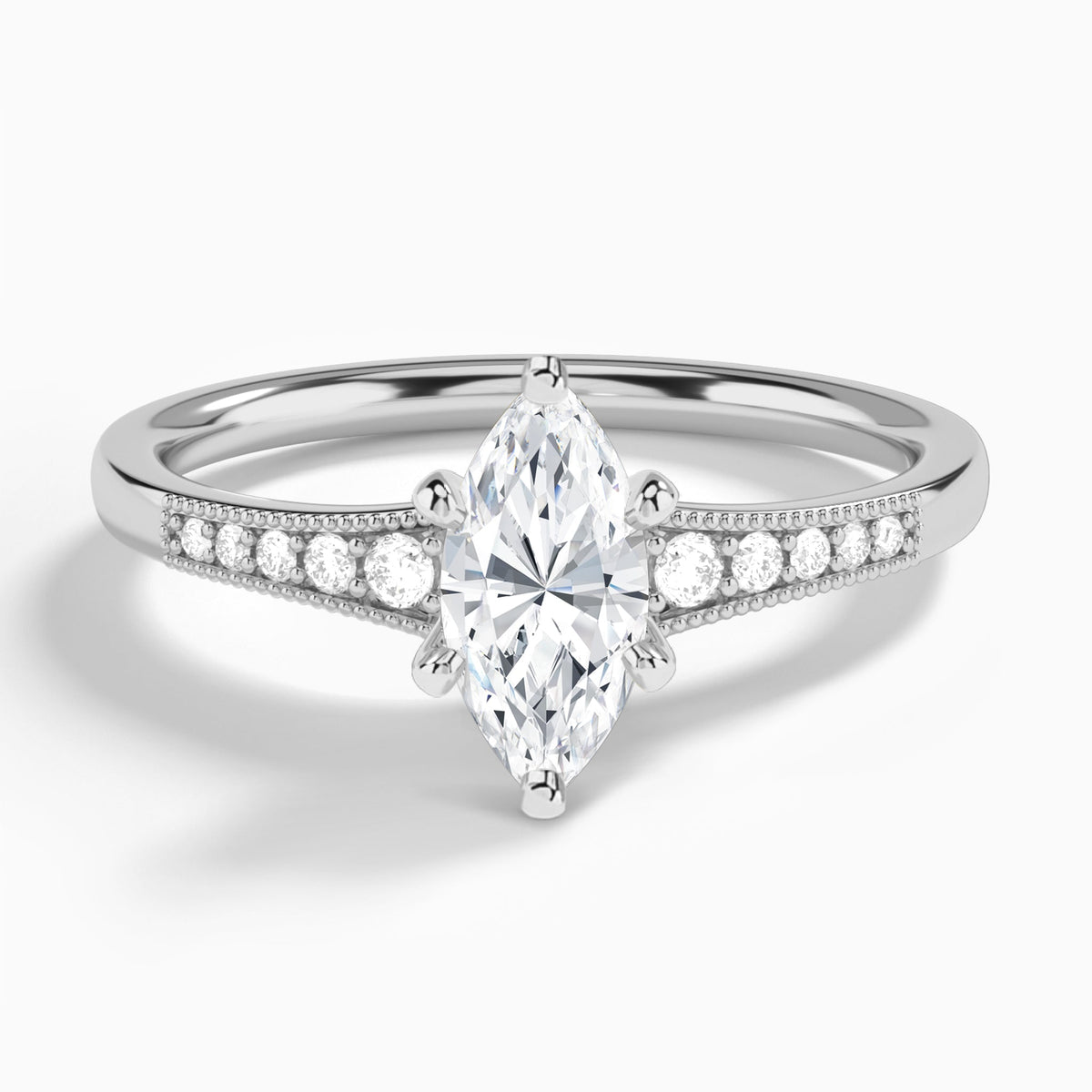 Marquise Starla Milgrain Lab Diamond Engagement Ring In 14K White Gold - Lucenjuri