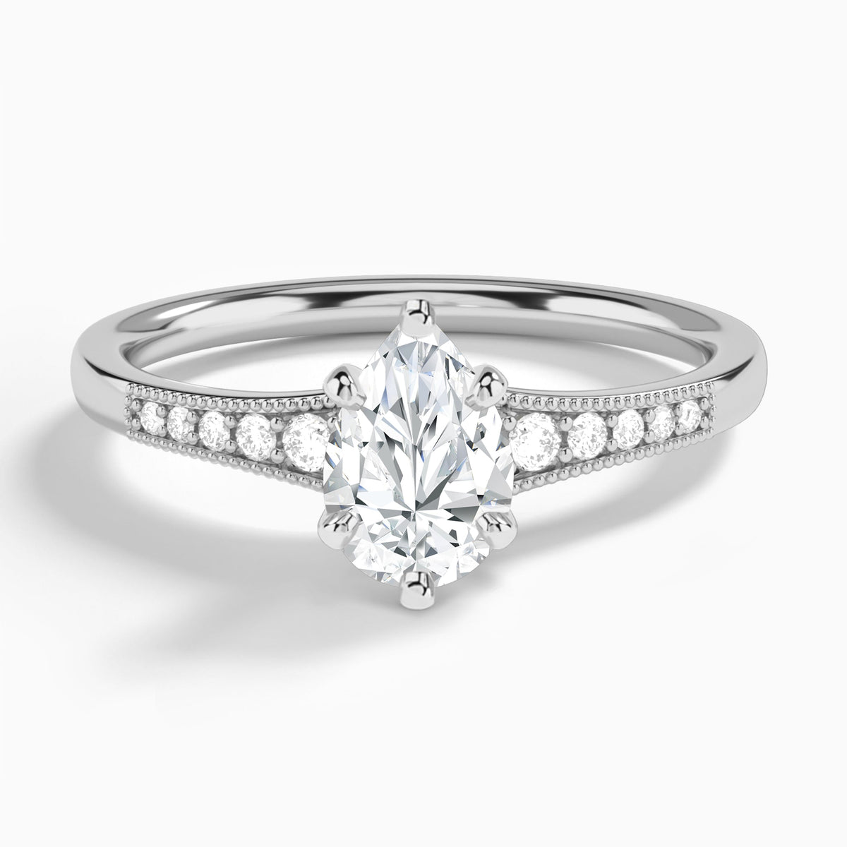 Pear Starla Milgrain Lab Diamond Engagement Ring In 18K White Gold - Lucenjuri