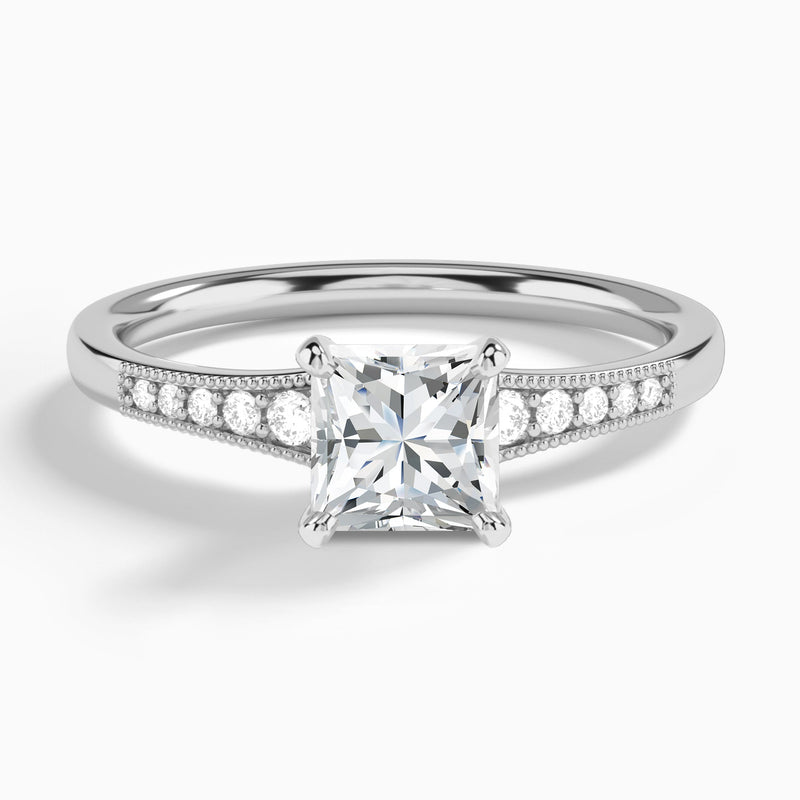Princess Starla Milgrain Lab Diamond Engagement Ring In 14K White Gold - Lucenjuri