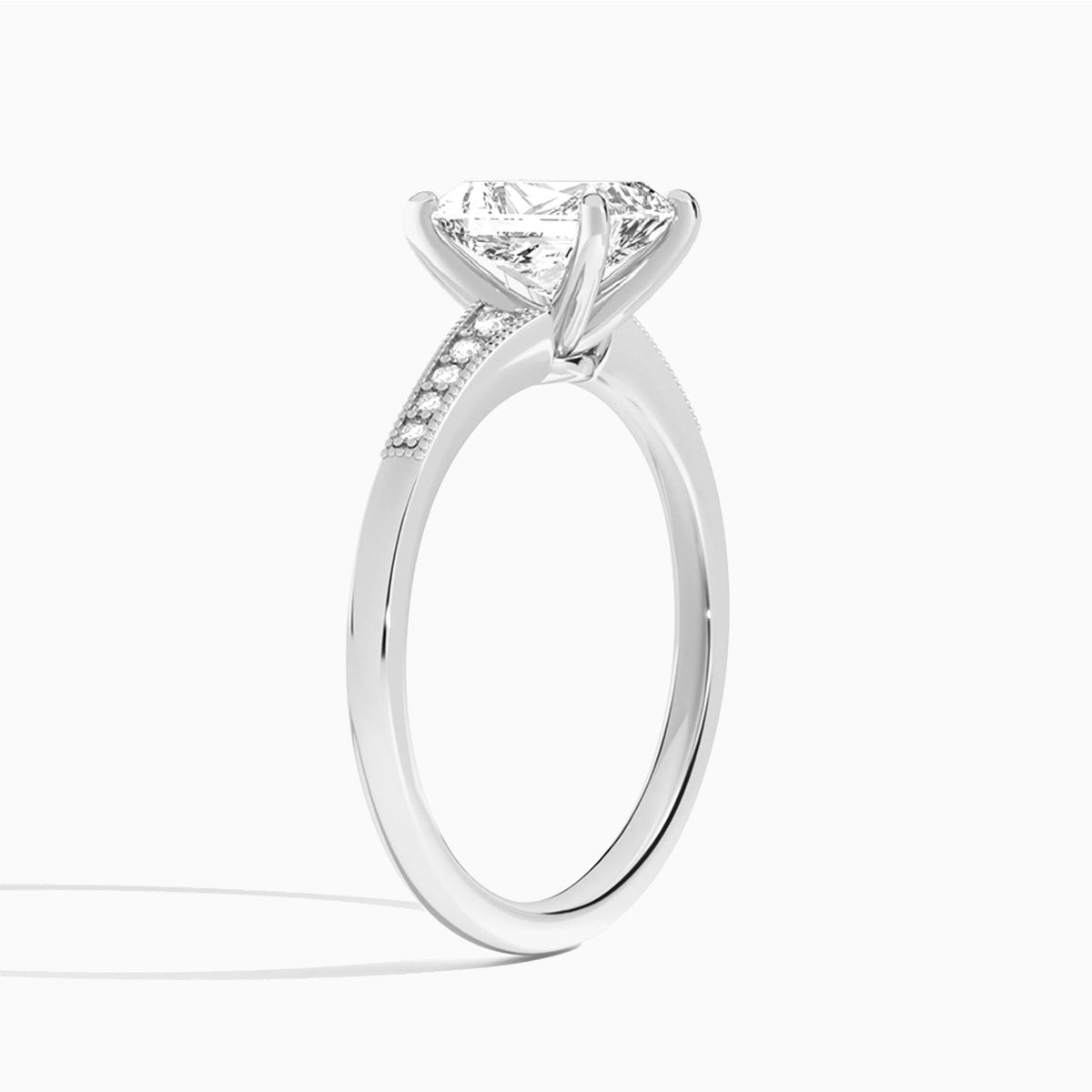 Radiant Starla Milgrain Lab Diamond Engagement Ring In 18K White Gold, Angle View