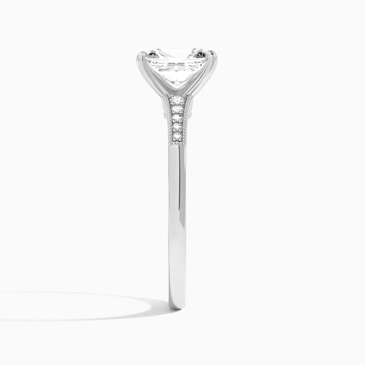 Radiant Starla Milgrain Lab Diamond Engagement Ring In 18K White Gold, Side View