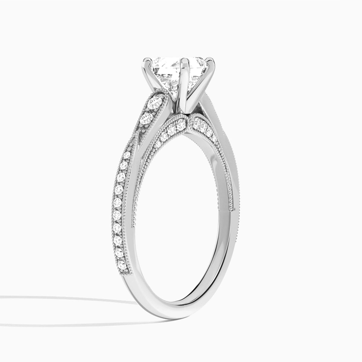 Asscher Milgrain Scalloped Lab Diamond Engagement Ring In Platinum, Angle View