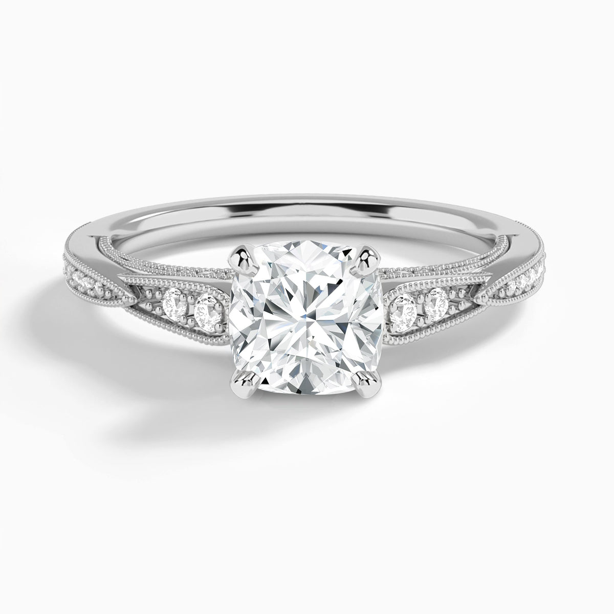 Cushion Milgrain Scalloped Lab Diamond Engagement Ring In Platinum - Lucenjuri