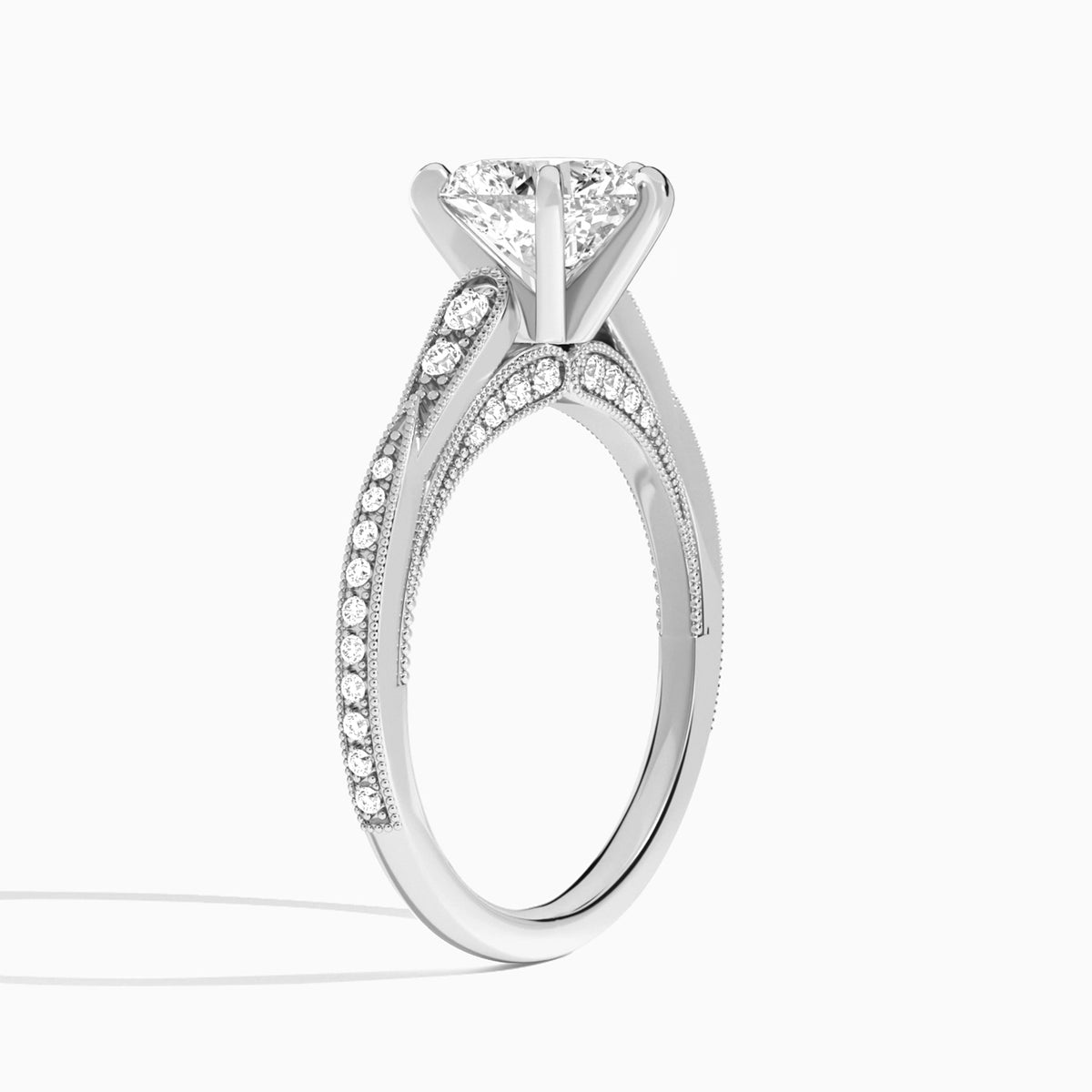 Heart Milgrain Scalloped Lab Diamond Engagement Ring In Platinum, Angle View