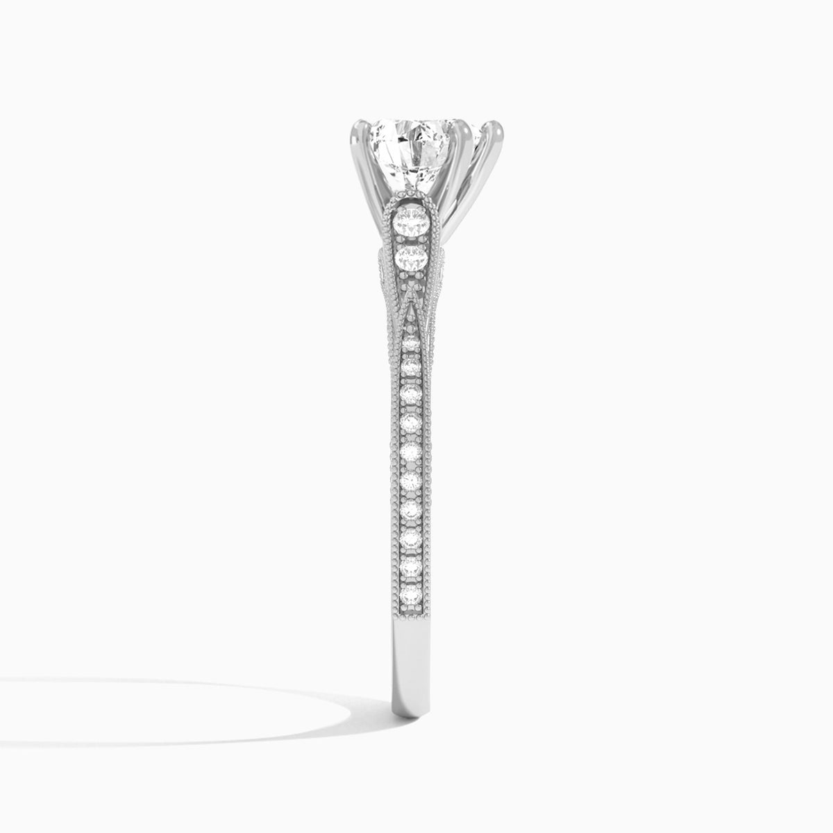 Heart Milgrain Scalloped Lab Diamond Engagement Ring In Platinum, Side View