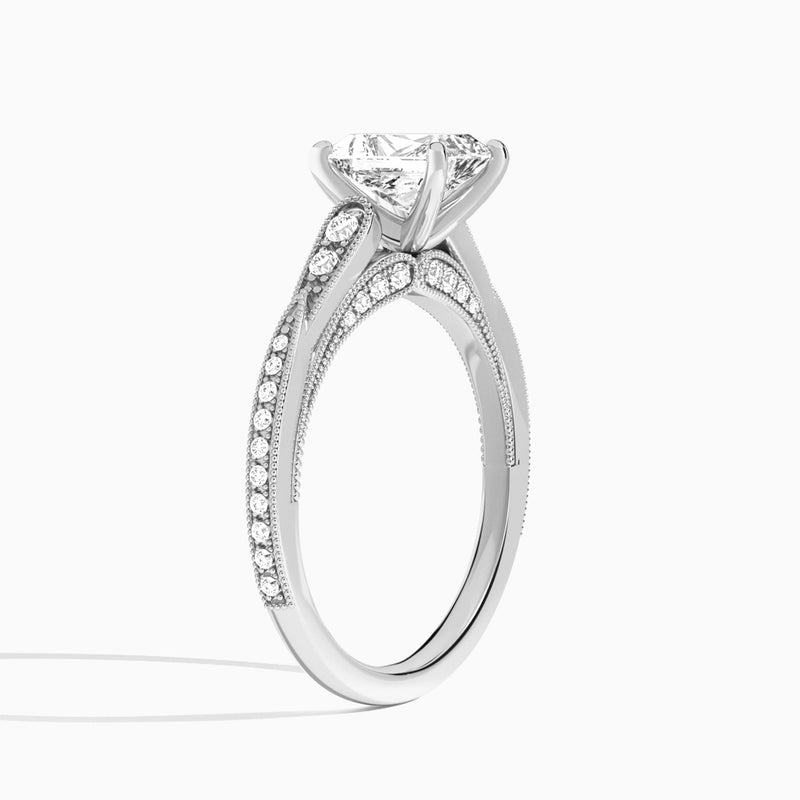 Radiant Milgrain Scalloped Lab Diamond Engagement Ring In Platinum, Angle View
