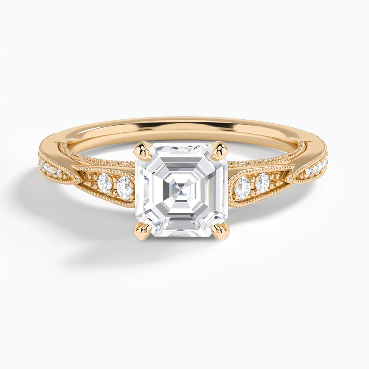 Asscher Milgrain Scalloped Lab Diamond Engagement Ring In 14K Rose Gold - Lucenjuri