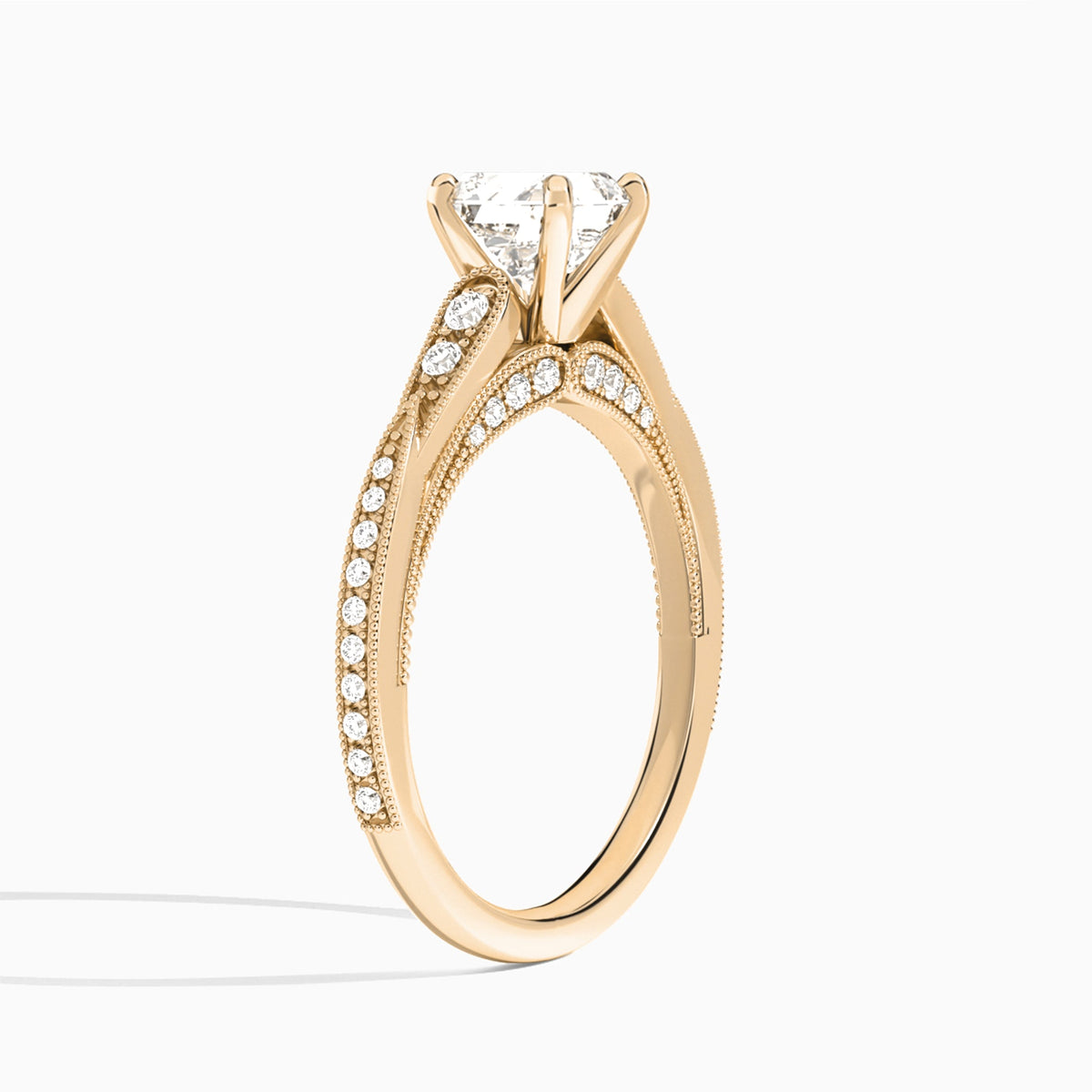 Asscher Milgrain Scalloped Lab Diamond Engagement Ring In 14K Rose Gold, Angle View