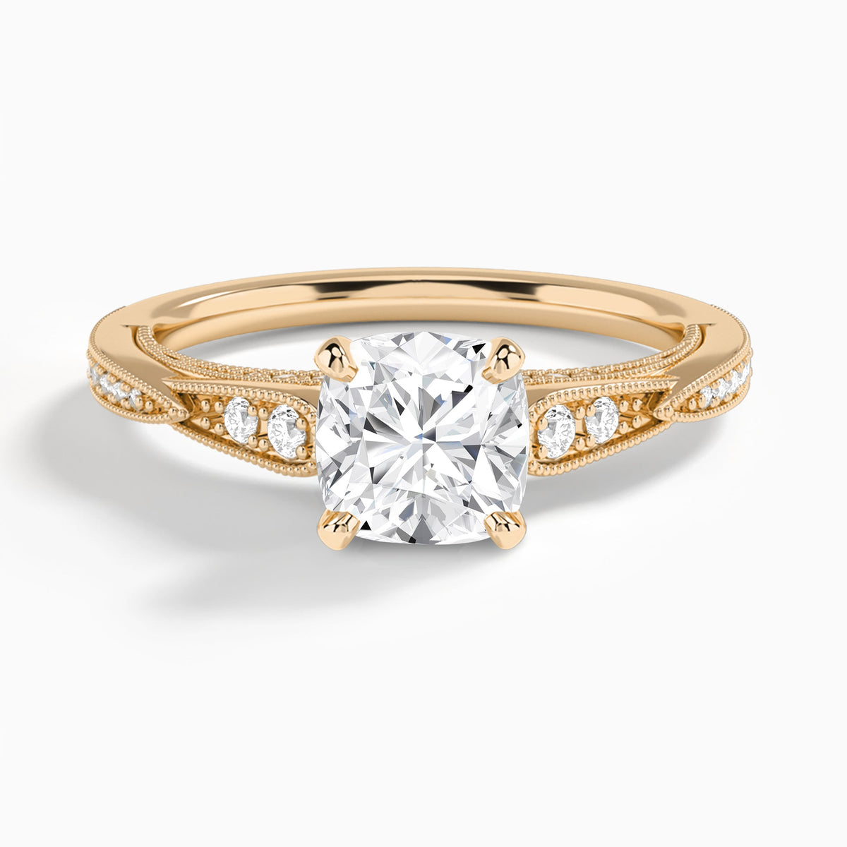 Cushion Milgrain Scalloped Lab Diamond Engagement Ring In 14K Rose Gold - Lucenjuri