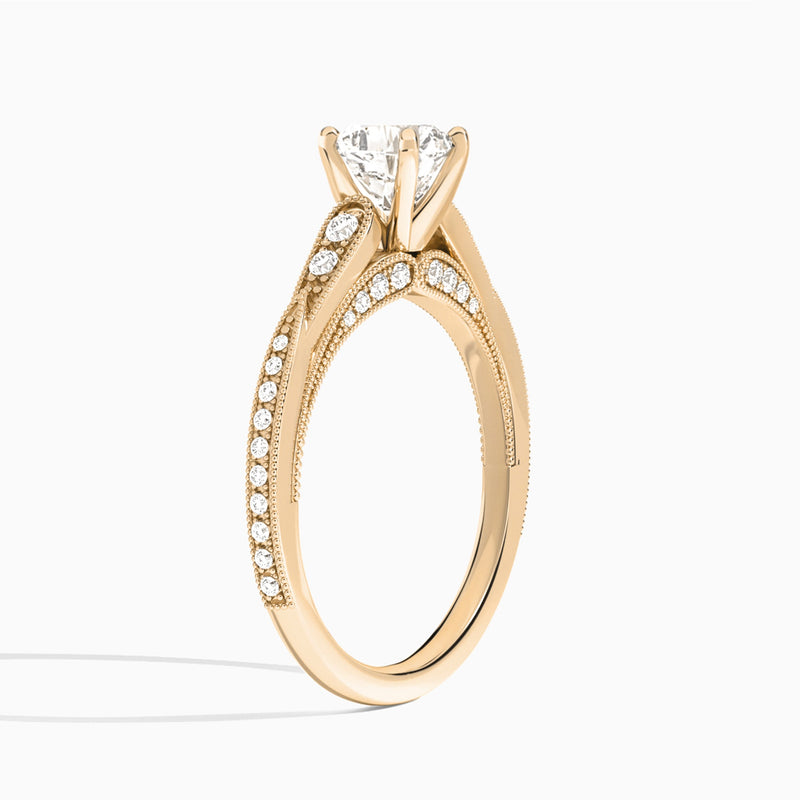 Cushion Milgrain Scalloped Lab Diamond Engagement Ring In 14K Rose Gold, Angle View