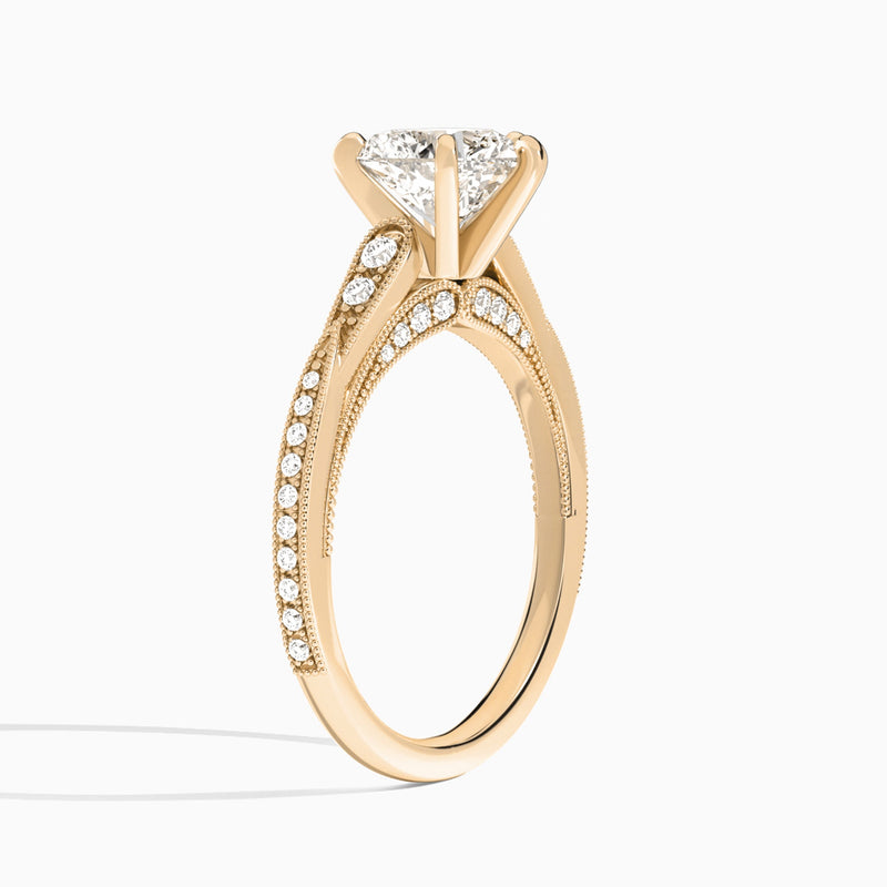 Heart Milgrain Scalloped Lab Diamond Engagement Ring In 14K Rose Gold, Angle View