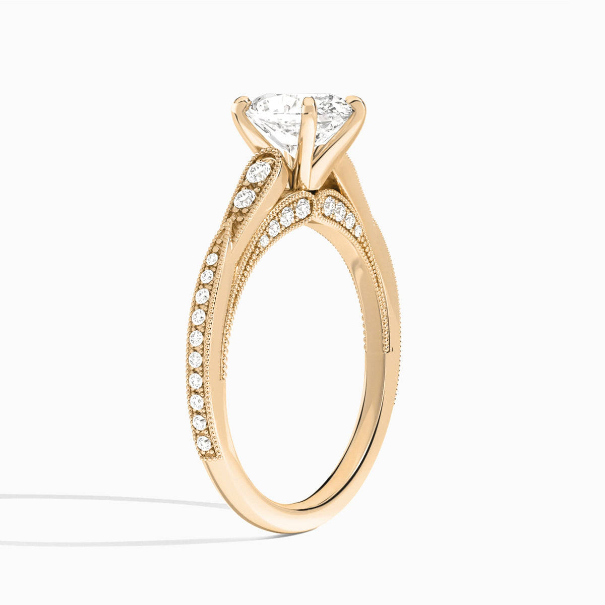 Oval Milgrain Scalloped Lab Diamond Engagement Ring In 14K Rose Gold, Angle View