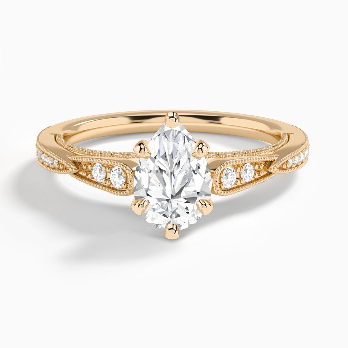 Pear Milgrain Scalloped Lab Diamond Engagement Ring In 14K Rose Gold - Lucenjuri