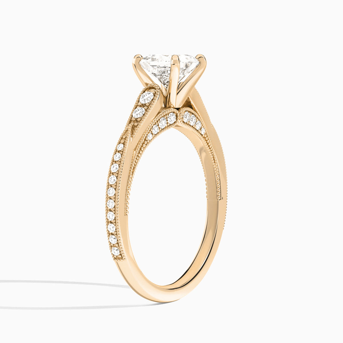 Princess Milgrain Scalloped Lab Diamond Engagement Ring In 14K Rose Gold, Angle View