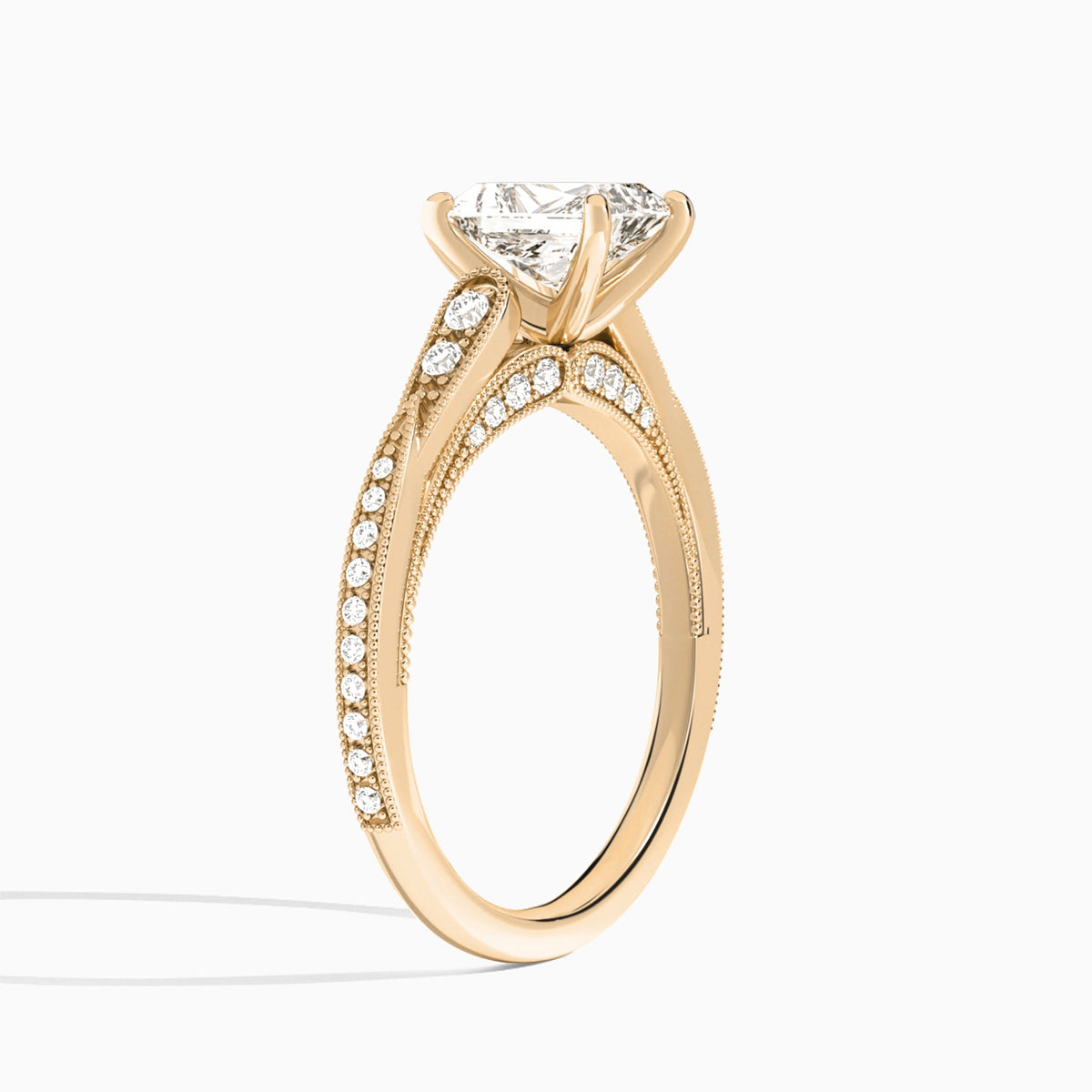 Radiant Milgrain Scalloped Lab Diamond Engagement Ring In 14K Rose Gold, Angle View