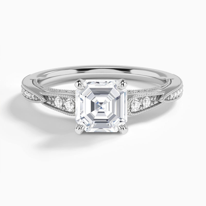 Asscher Milgrain Scalloped Lab Diamond Engagement Ring In 18K White Gold - Lucenjuri