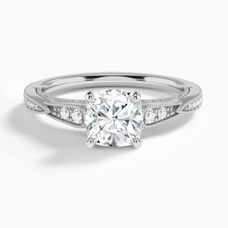 Cushion Milgrain Scalloped Lab Diamond Engagement Ring In 18K White Gold - Lucenjuri