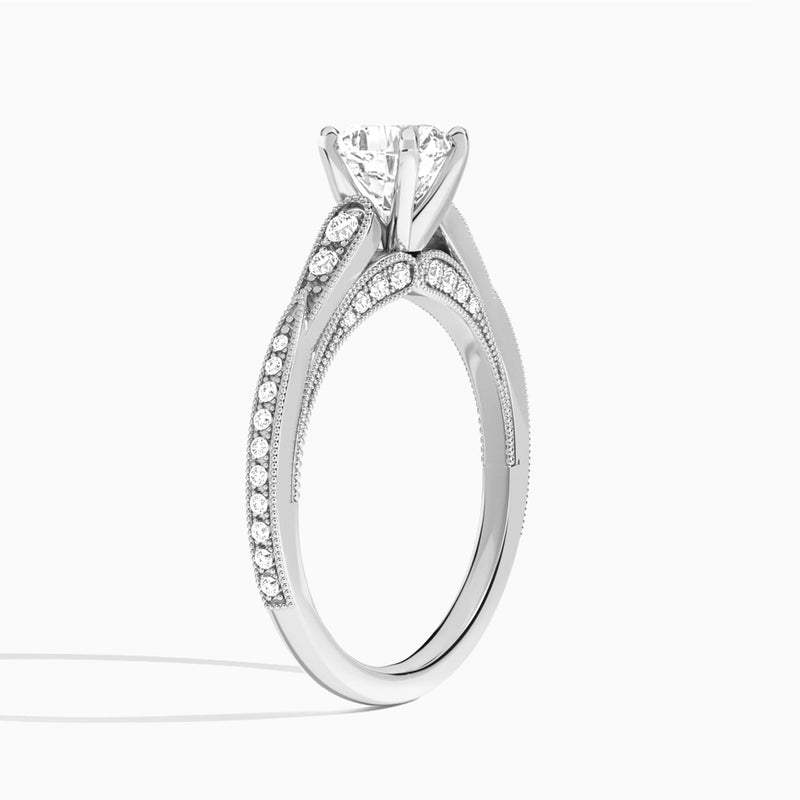 Cushion Milgrain Scalloped Lab Diamond Engagement Ring In 18K White Gold, Angle View