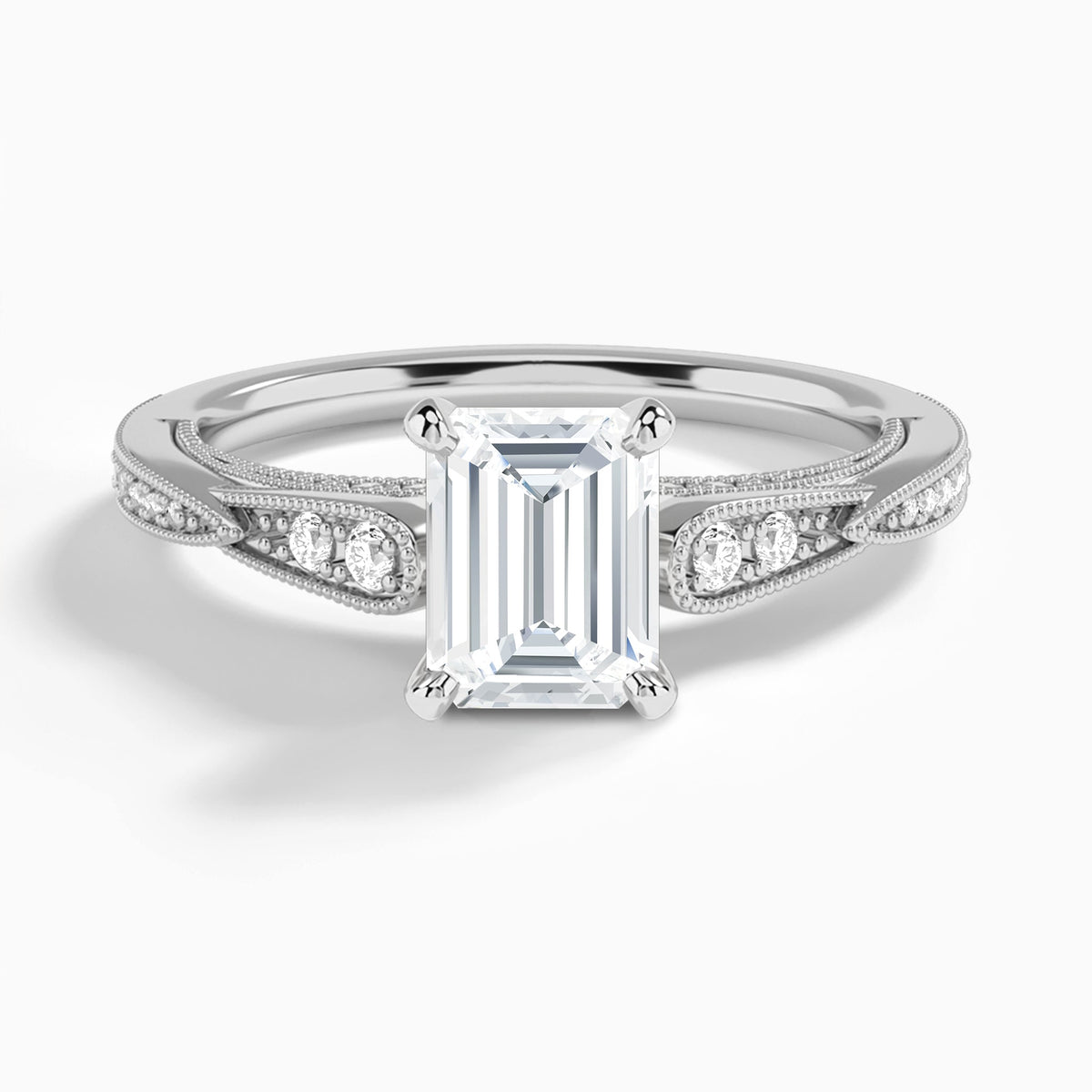 Emerald Milgrain Scalloped Lab Diamond Engagement Ring In 18K White Gold - Lucenjuri