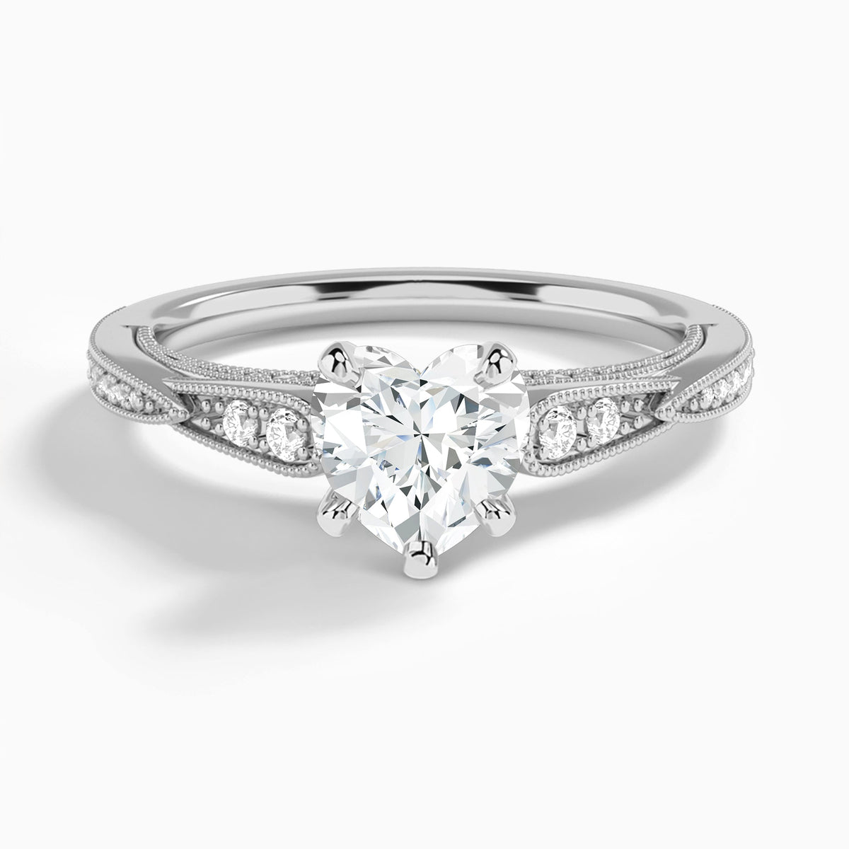 Heart Milgrain Scalloped Lab Diamond Engagement Ring In 14K White Gold - Lucenjuri