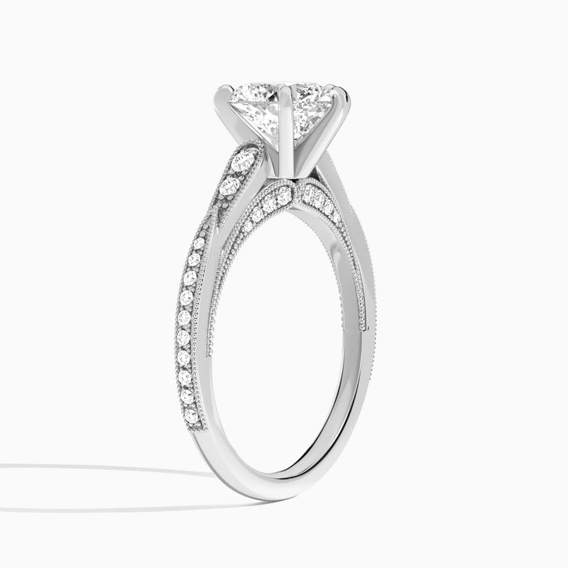 Heart Milgrain Scalloped Lab Diamond Engagement Ring In 14K White Gold, Angle View