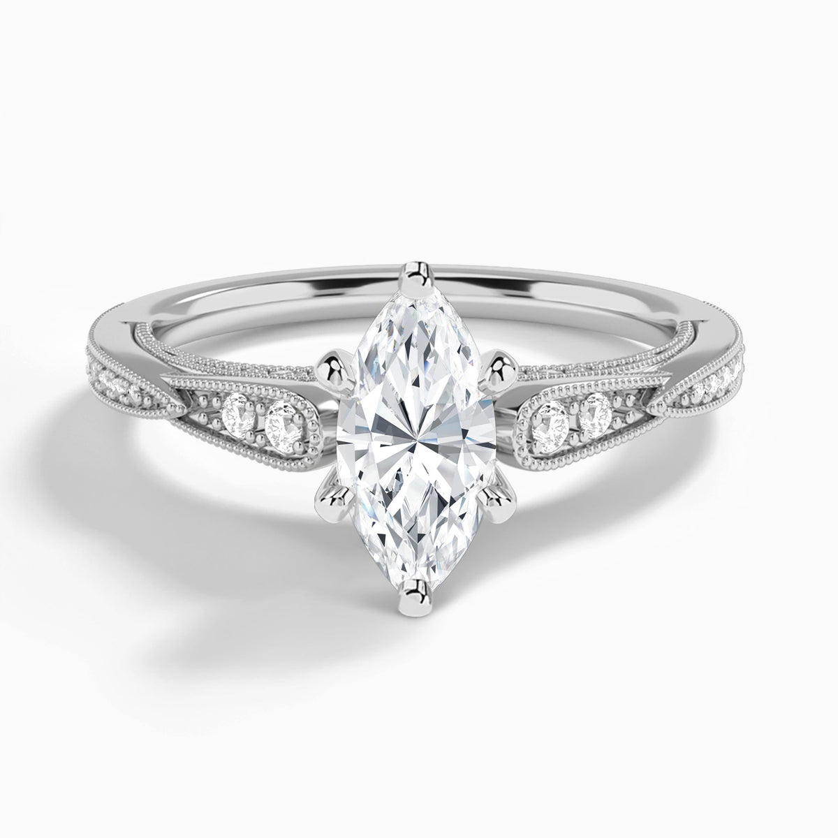 Marquise Milgrain Scalloped Lab Diamond Engagement Ring In 14K White Gold - Lucenjuri