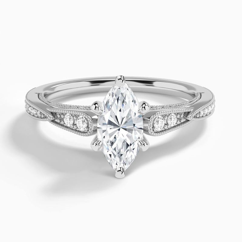 Marquise Milgrain Scalloped Lab Diamond Engagement Ring In 18K White Gold - Lucenjuri