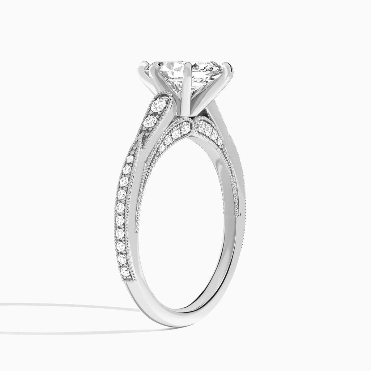 Marquise Milgrain Scalloped Lab Diamond Engagement Ring In 18K White Gold, Angle View