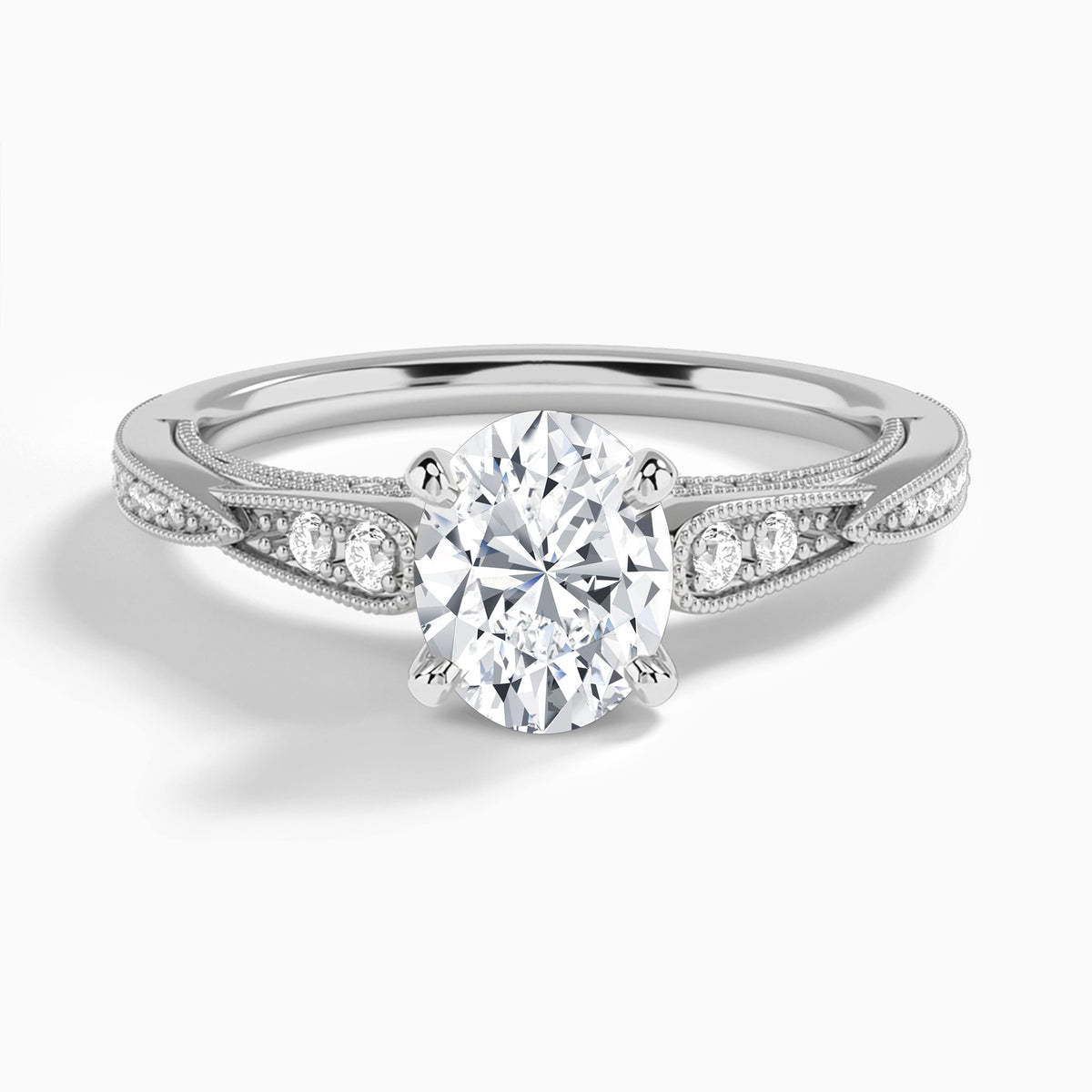 Oval Milgrain Scalloped Lab Diamond Engagement Ring In 14K White Gold - Lucenjuri