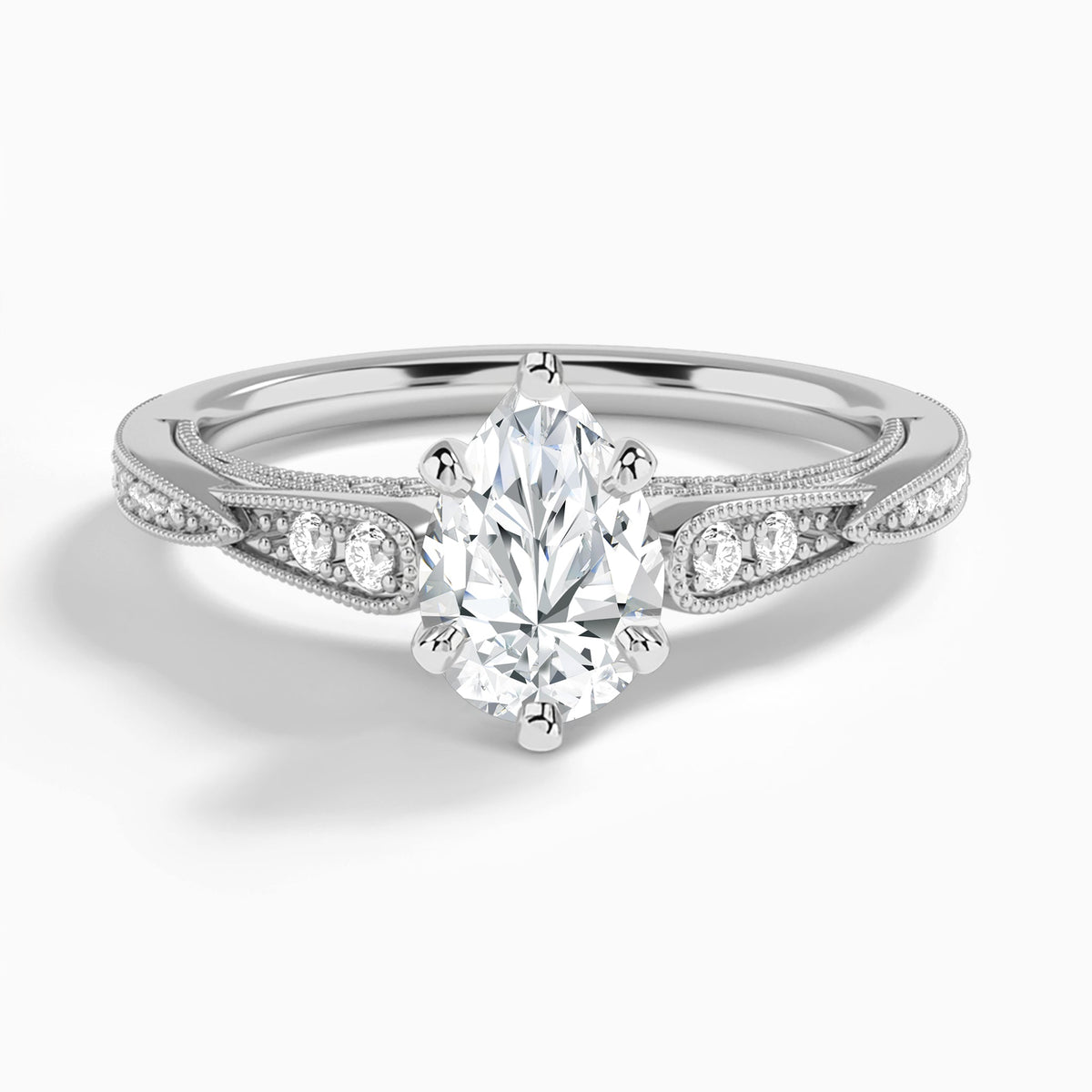 Pear Milgrain Scalloped Lab Diamond Engagement Ring In 18K White Gold - Lucenjuri