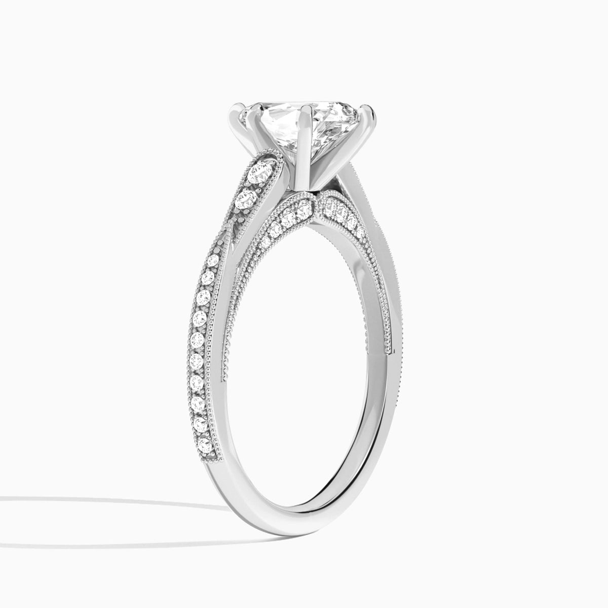 Pear Milgrain Scalloped Lab Diamond Engagement Ring In 18K White Gold, Angle View