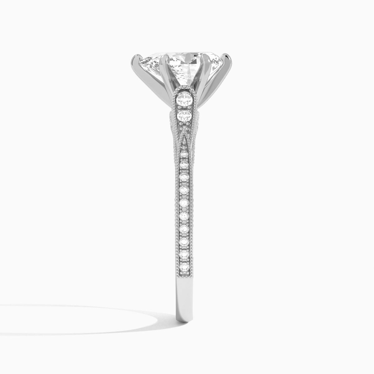 Pear Milgrain Scalloped Lab Diamond Engagement Ring In 18K White Gold, Side View