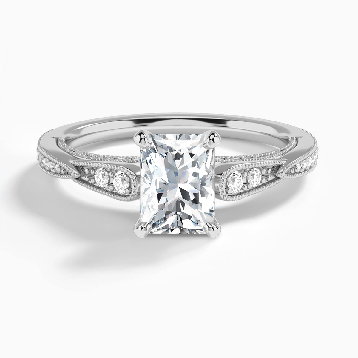 Radiant Milgrain Scalloped Lab Diamond Engagement Ring In 18K White Gold - Lucenjuri