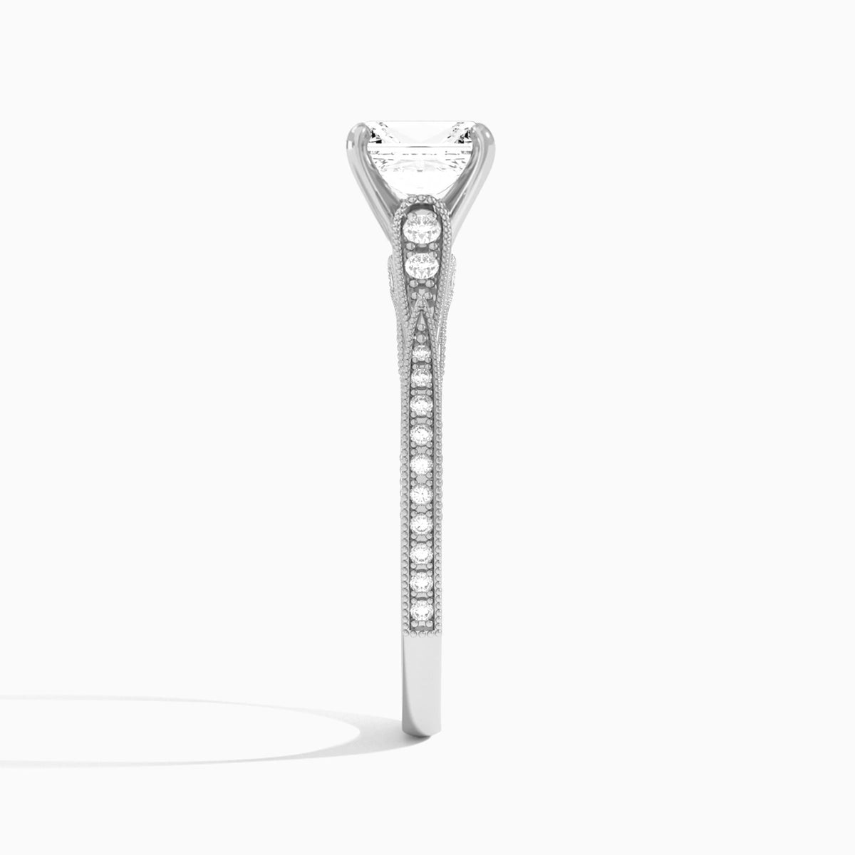 Radiant Milgrain Scalloped Lab Diamond Engagement Ring In 14K White Gold, Side View