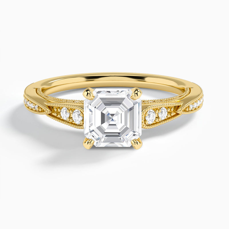 Asscher Milgrain Scalloped Lab Diamond Engagement Ring In 14K Yellow Gold - Lucenjuri