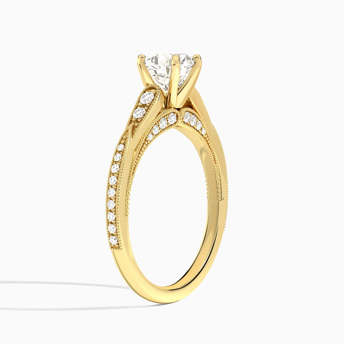 Cushion Milgrain Scalloped Lab Diamond Engagement Ring In 18K Yellow Gold, Angle View