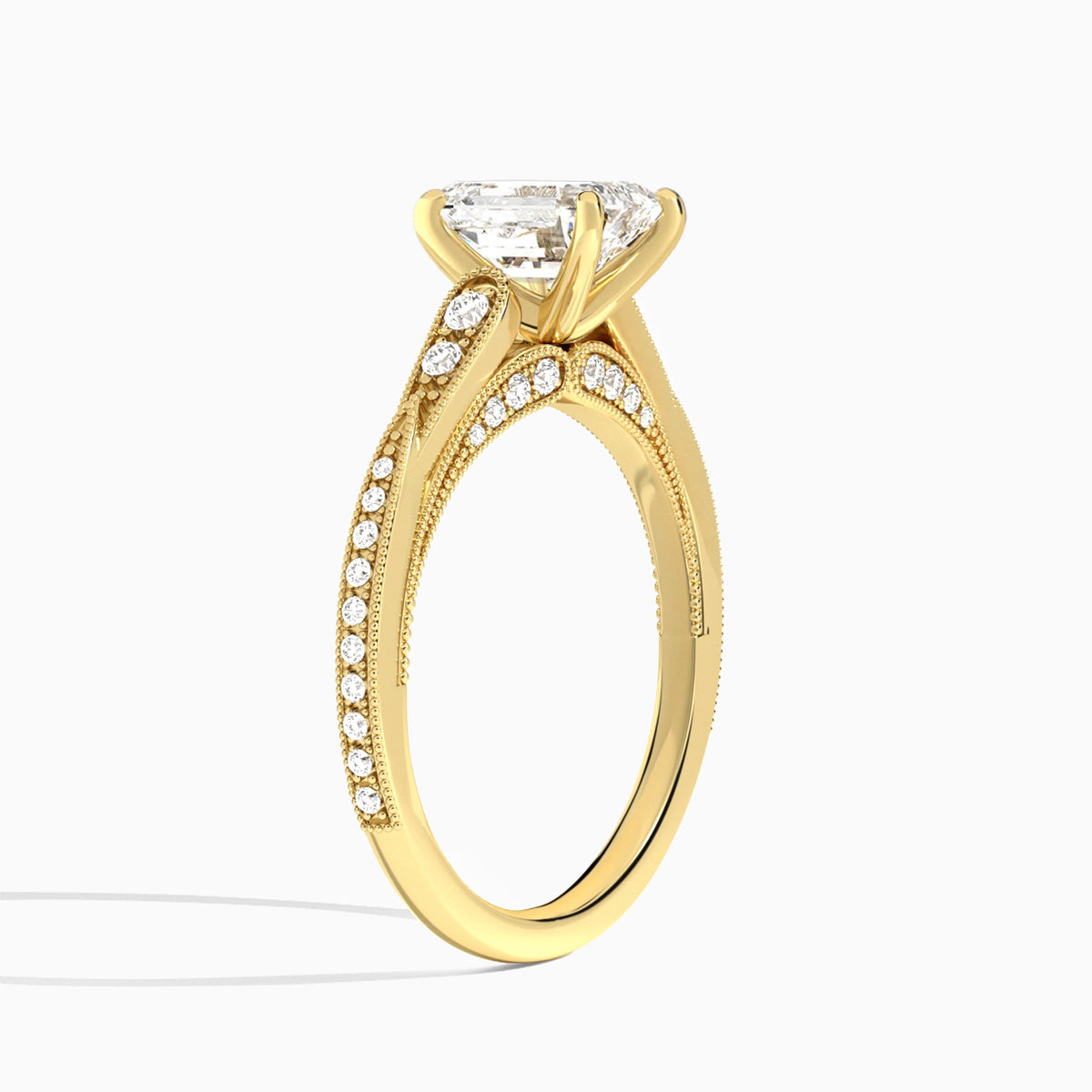Emerald Milgrain Scalloped Lab Diamond Engagement Ring In 18K Yellow Gold, Angle View