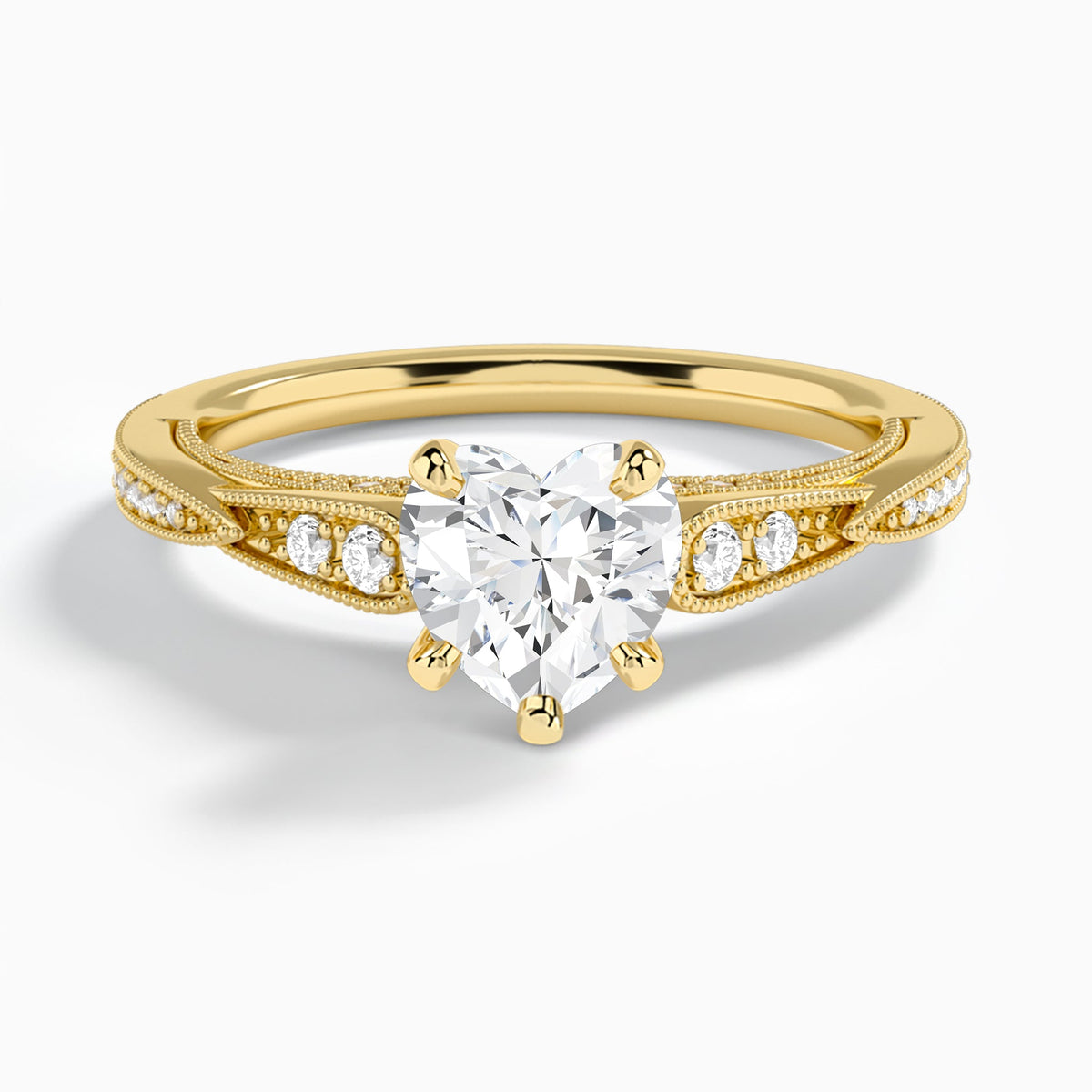 Heart Milgrain Scalloped Lab Diamond Engagement Ring In 14K Yellow Gold - Lucenjuri