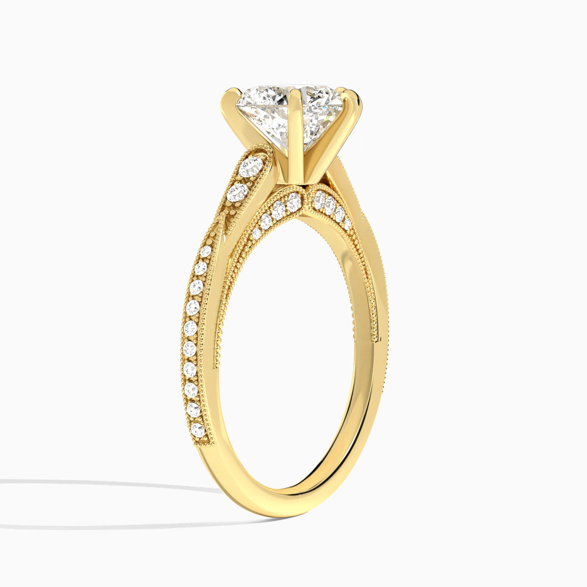 Heart Milgrain Scalloped Lab Diamond Engagement Ring In 18K Yellow Gold, Angle View