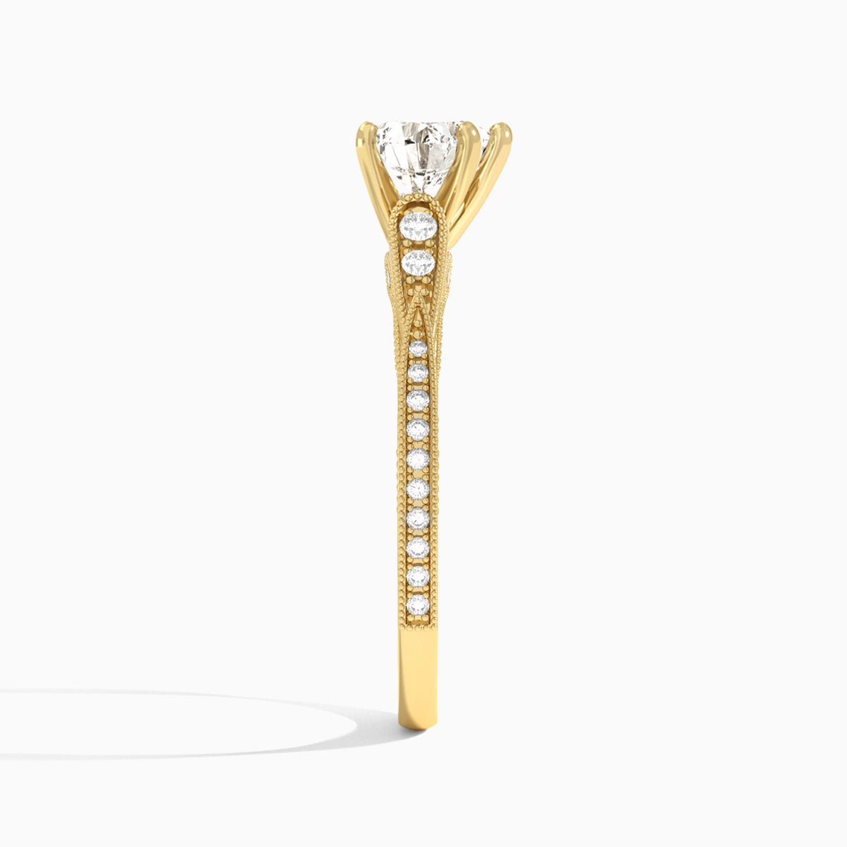 Heart Milgrain Scalloped Lab Diamond Engagement Ring In 14K Yellow Gold, Side View