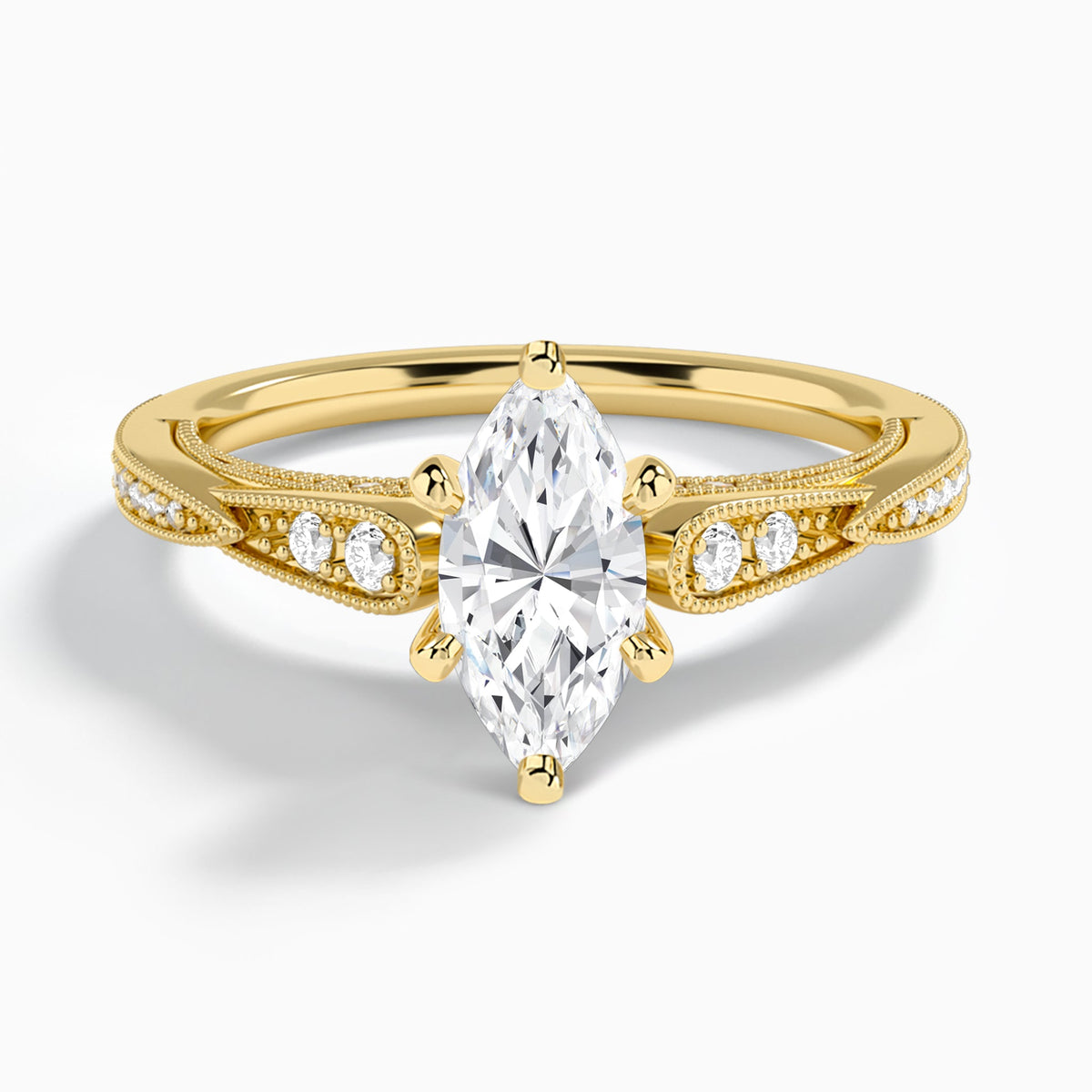 Marquise Milgrain Scalloped Lab Diamond Engagement Ring In 18K Yellow Gold - Lucenjuri