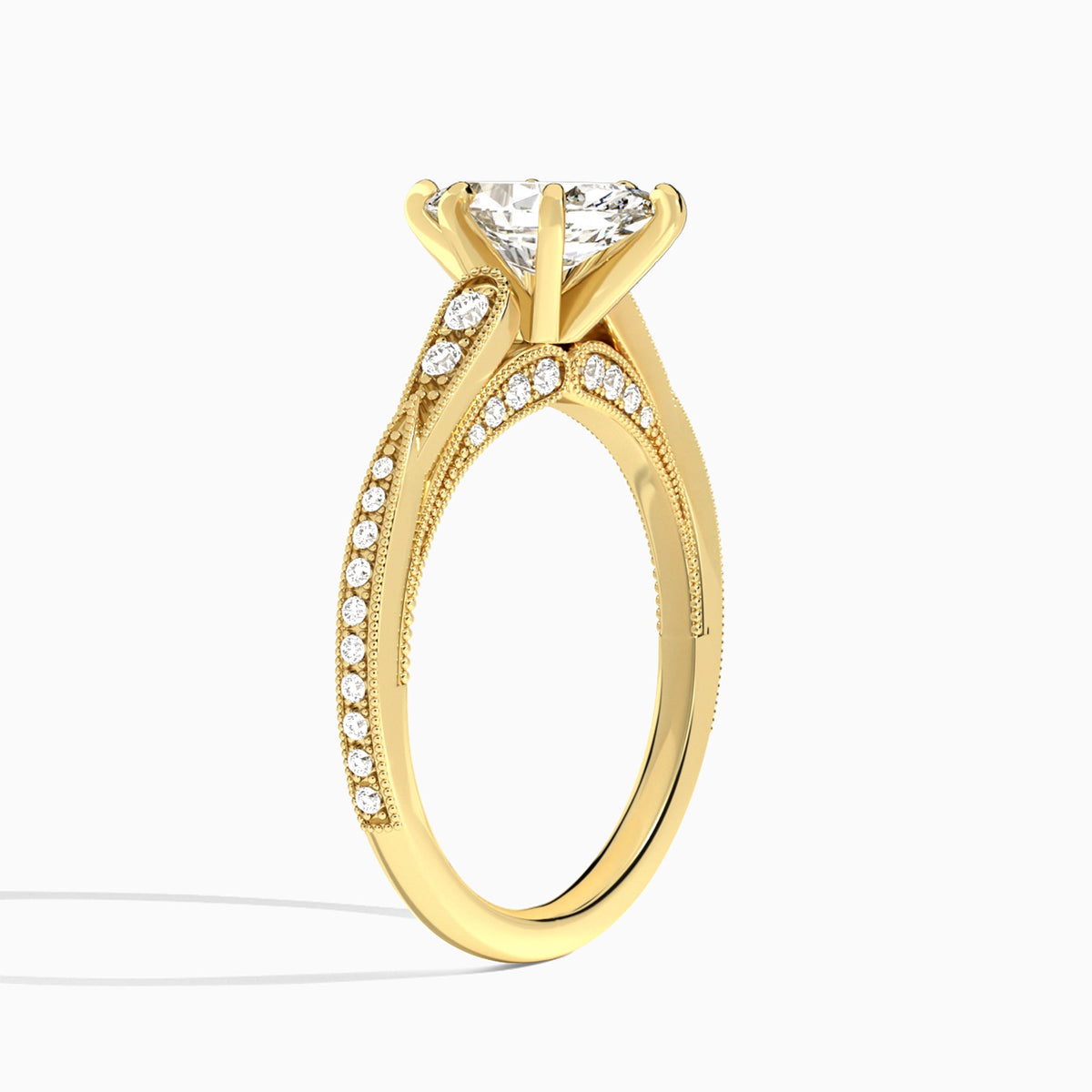 Marquise Milgrain Scalloped Lab Diamond Engagement Ring In 18K Yellow Gold, Angle View